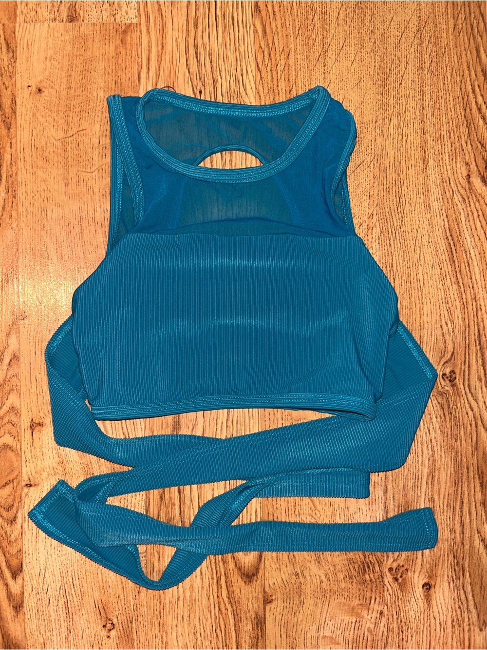 Teal FIVE Mesh Crop Bralette with Wrap Straps. CHILD LARGE